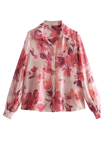 Conjunto Feminino Floral em Chiffon com Camisa Manga Longa e Saia Midi Plissada Cintura Alta  – Audrey