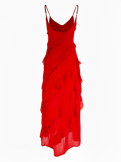 Vestido Feminino Longo de Festa em Chiffon com Babados Alças Finas e Costas Decotadas - Cassandra