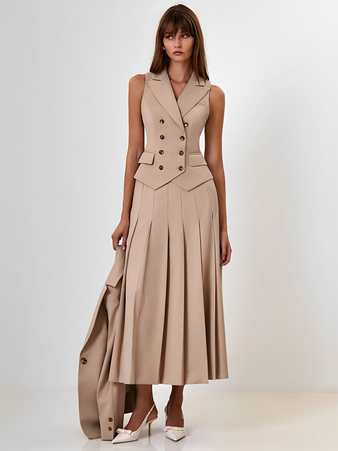 Conjunto Feminino de Alfaiataria com  Colete Clássico e Saia Midi Plissada - Lizandra