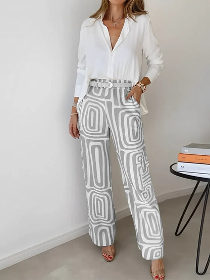 Conjunto Feminino com Camisa de Manga Longa e Calça Reta com Estampa Geométrica - Bianca