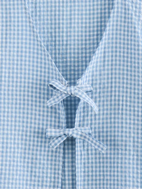 Conjunto Xadrez de Blusa Manga Bufante Laços e Short Cós Elástico - Cassie