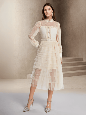 Vestido Midi Texturizado em Tweed Renda com Babados e Botões – Claire