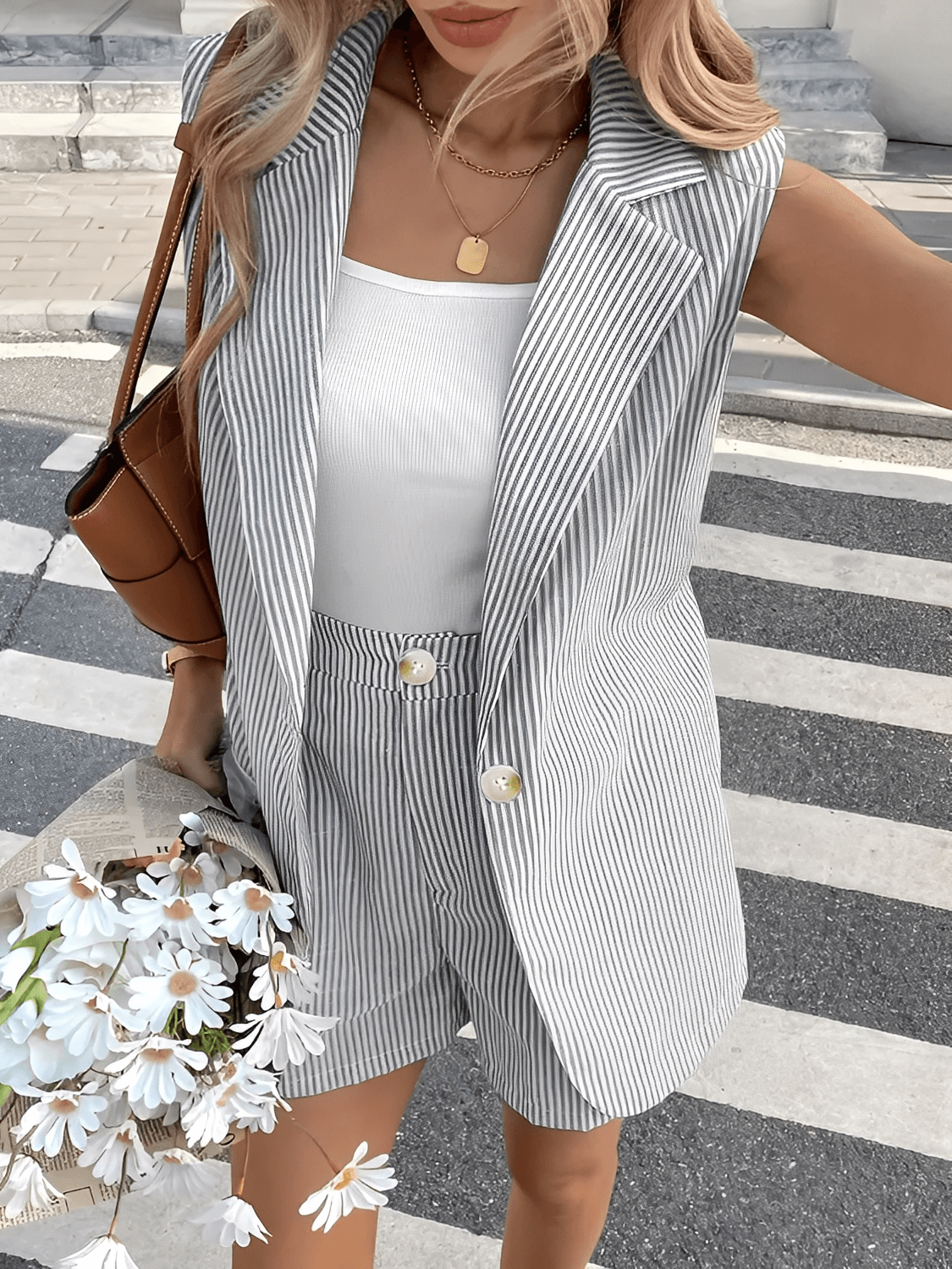 Conjunto Feminino Listrado com Colete Longo Sem Mangas e Short com Bolsos – Paula