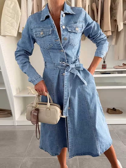 Vestido Feminino Jeans Modelos Midi Chemise com Gola Polo e Cinto-Faixa na Cintura - Nadia