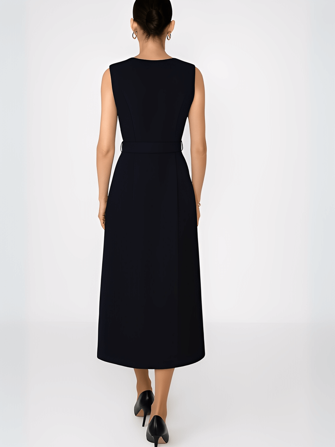 Vestido Feminino Midi Sem Mangas com Botões Forrados Cinto Decorativo e Fenda Sofisticada – Selena