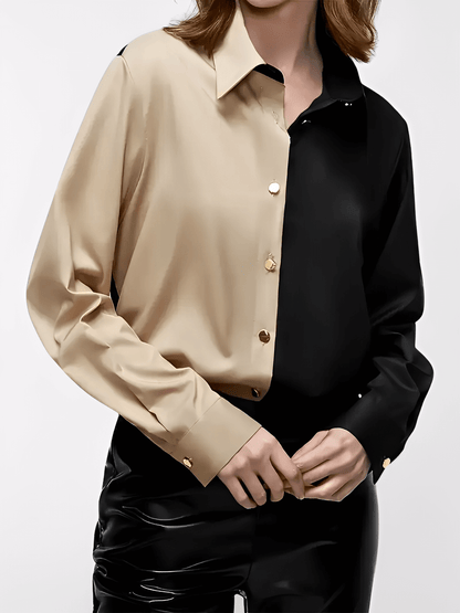 Camisa Feminina Acetinada Bicolor com Botões Dourados e Punhos com Fechamento em Botão - Joyce