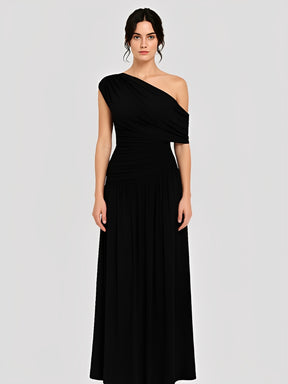 Vestido Longo Plissado Ombro Único Acinturado com Franzidos  – Lunara