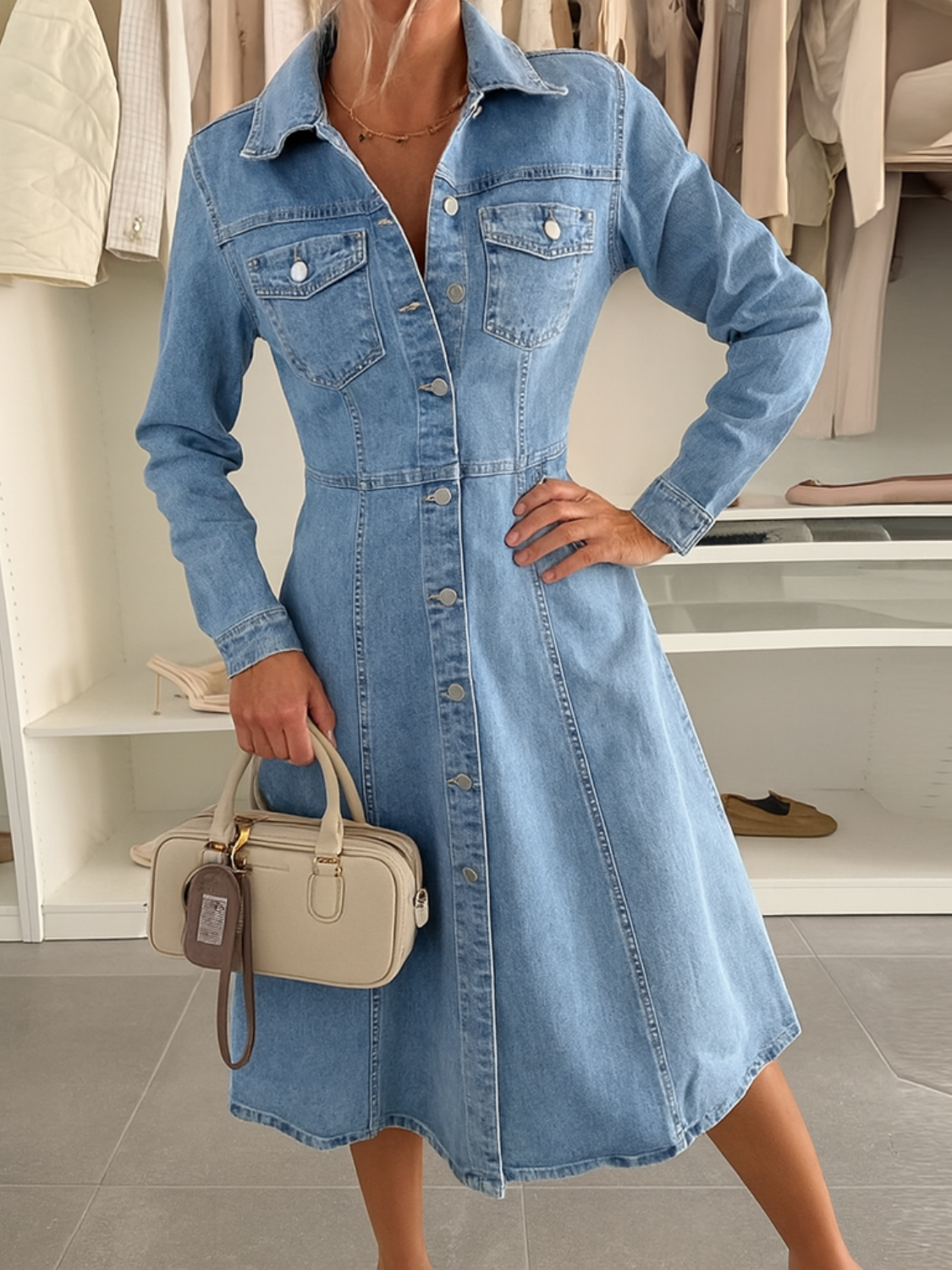Vestido Feminino Jeans Modelos Midi Chemise com Gola Polo e Cinto-Faixa na Cintura - Nadia