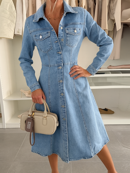 Vestido Feminino Jeans Modelos Midi Chemise com Gola Polo e Cinto-Faixa na Cintura - Nadia
