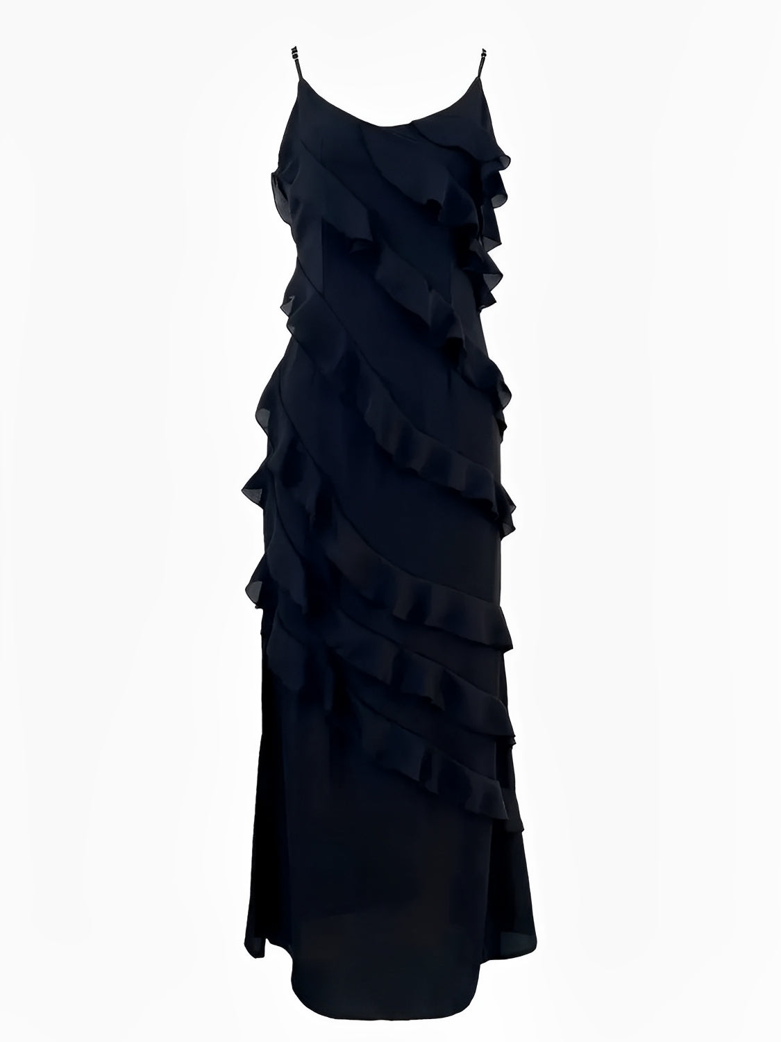Vestido Feminino Longo de Festa em Chiffon com Babados Alças Finas e Costas Decotadas - Cassandra