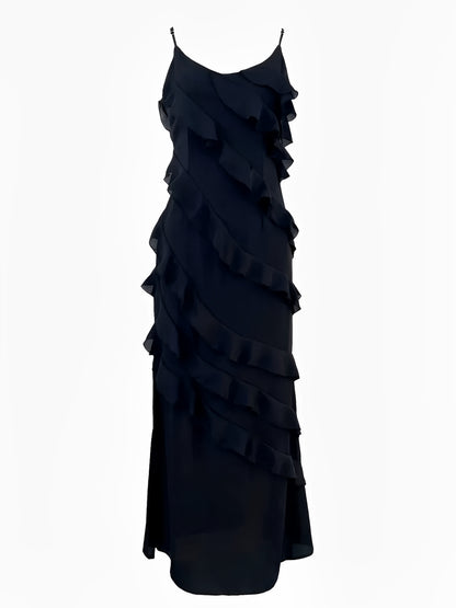 Vestido Feminino Longo de Festa em Chiffon com Babados Alças Finas e Costas Decotadas - Cassandra