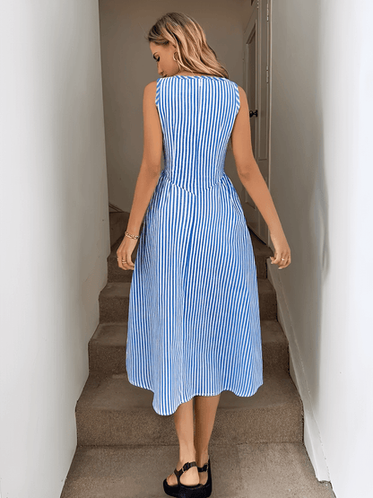 Vestido Feminino Midi Modelagem Evasê com Corset Estruturado com Listras Verticais Elegantes - Elizabeth