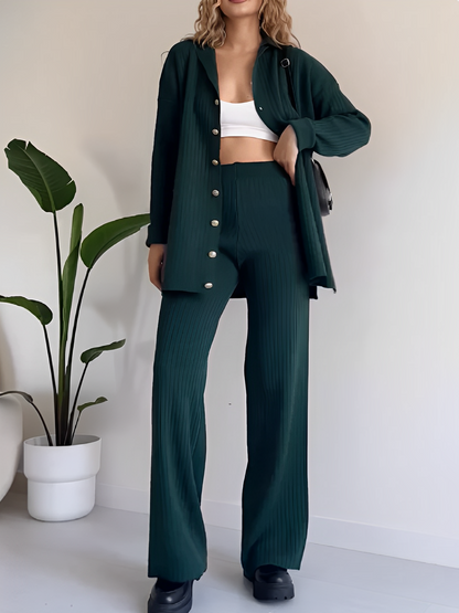 Conjunto Feminino Canelado com Camisa Alongada de Botões e Calça Reta com Elástico - Camila  [FRETE FULL]