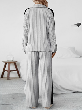 Conjunto Canelado com Suéter Gola V de Zíper e Calça Pantalona – Ivy