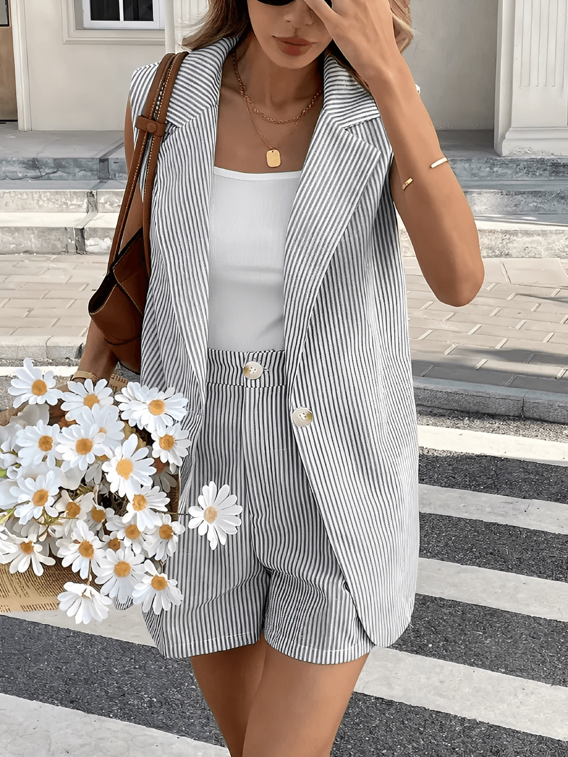 Conjunto Feminino Listrado com Colete Longo Sem Mangas e Short com Bolsos – Paula