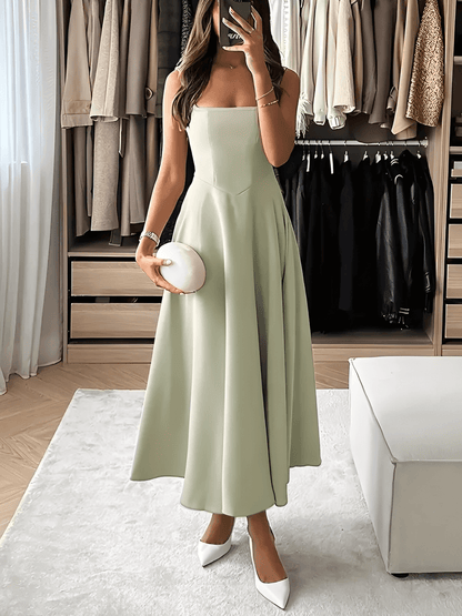 Vestido Feminino Longo Modelagem Evasê com Corset Estruturado de Alças Largas Decote Quadrado e Saia Fluida - Luciene