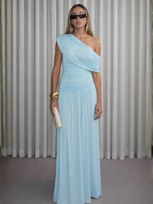 Vestido Longo Plissado Ombro Único Acinturado com Franzidos  – Lunara