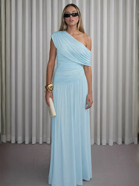 Vestido Longo Plissado Ombro Único Acinturado com Franzidos  – Lunara