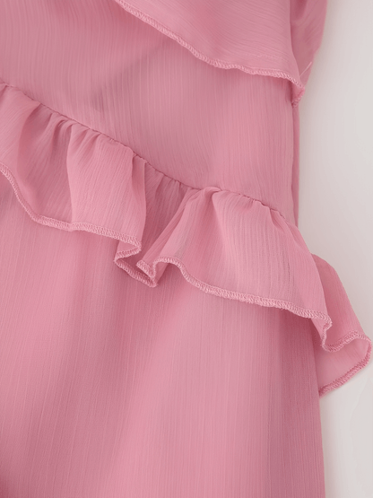 Vestido Feminino Longo em Chiffon com Babados em Camadas Decote em V e Mangas Longas – Amelie