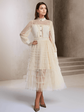Vestido Midi Texturizado em Tweed Renda com Babados e Botões – Claire