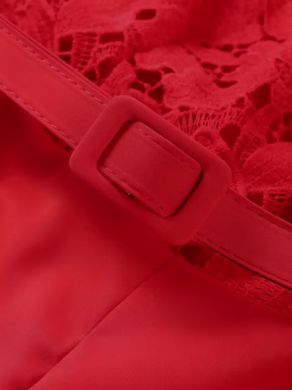 Macacão Feminino Elegante de Manga Longa com Renda e Calça Flare com Cinto - Yeva