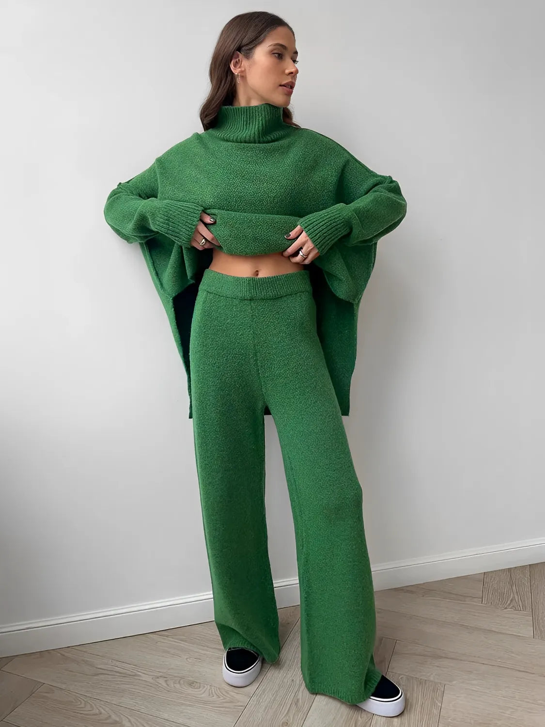 Conjunto de Tricô com Suéter Mullet Gola Alta e Calça Pantalona - Melanie [FRETE FULL]