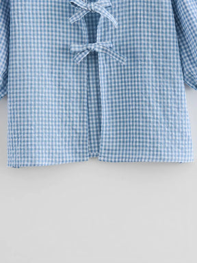 Conjunto Xadrez de Blusa Manga Bufante Laços e Short Cós Elástico - Cassie