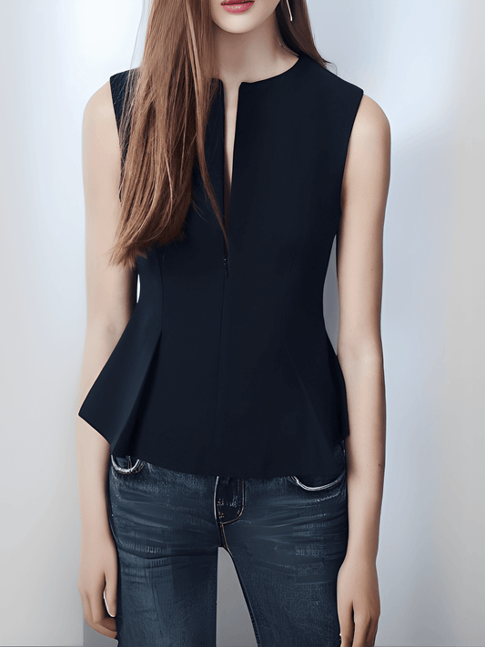 Blusa Feminina Peplum Estruturada com Decote V e Zíper Frontal - Cricia