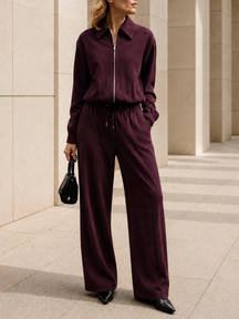 Conjunto em Sarja com Jaqueta Cropped Franzida e Calça Wide Leg - Yoná