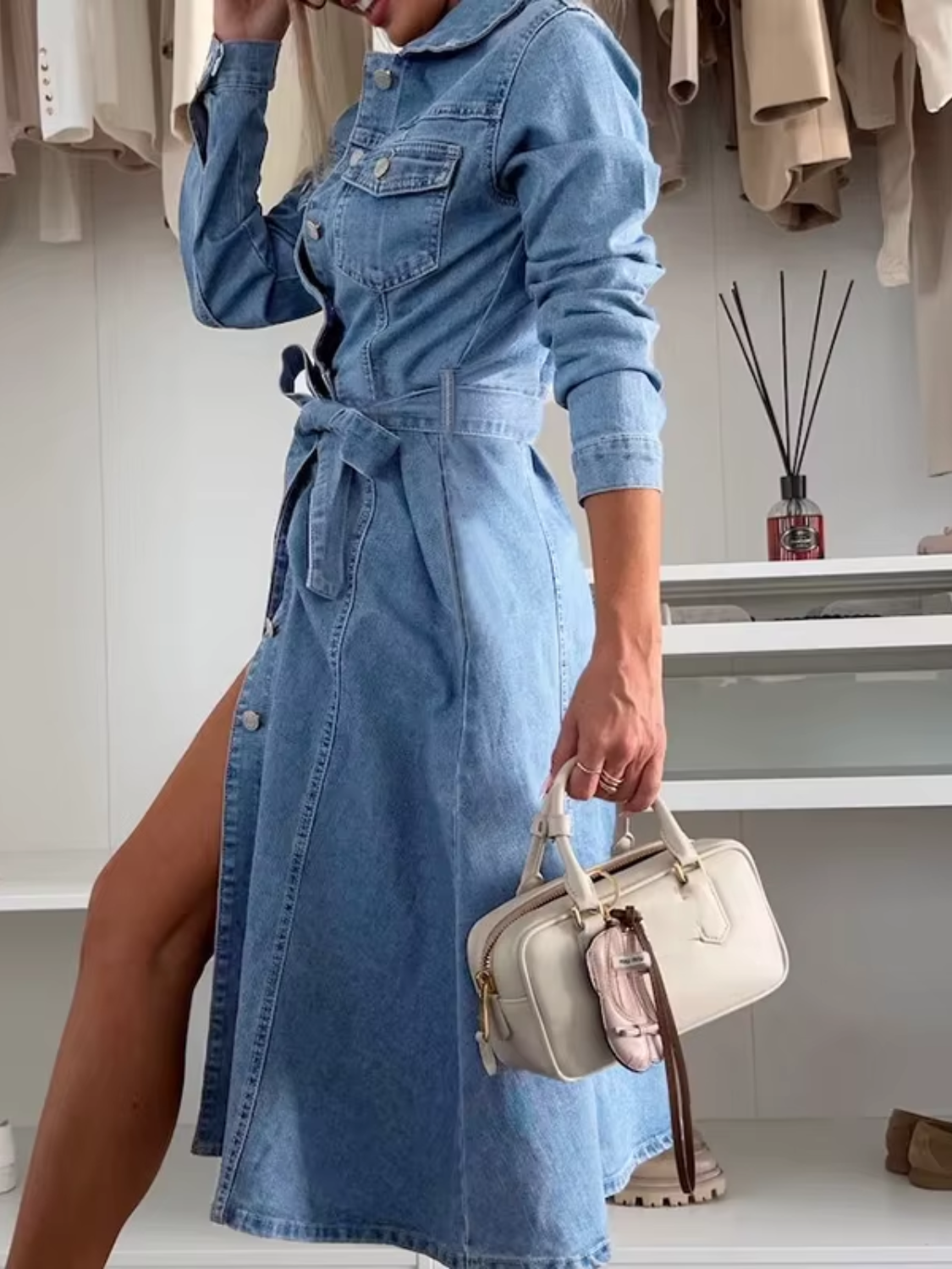 Vestido Feminino Jeans Modelos Midi Chemise com Gola Polo e Cinto-Faixa na Cintura - Nadia