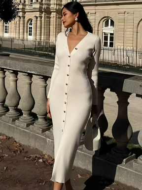 Vestido Midi Canelado Manga Longa com Decote V e Botões Frontais - Iracema