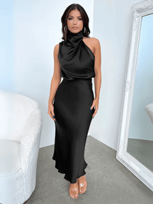 Vestido Midi Acetinado Acinturado com Gola Alta Drapeada Elegante – Rayca