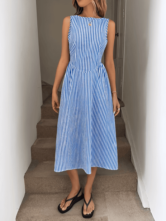Vestido Feminino Midi Modelagem Evasê com Corset Estruturado com Listras Verticais Elegantes - Elizabeth