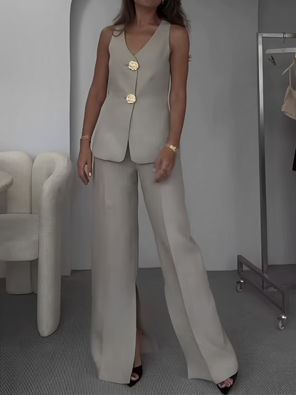 Conjunto Feminino de Alfaiataria com Colete Acinturado de Botões Maxi e Calça Reta com Fenda - Brenda [FRETE FULL]