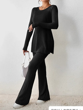 Conjunto Feminino em Tricô Canelado com Blusa Mullet Manga Longa com Fendas Laterais e Calça Flare com Cintura Alta Elástica - Sabrina [FRETE FULL]