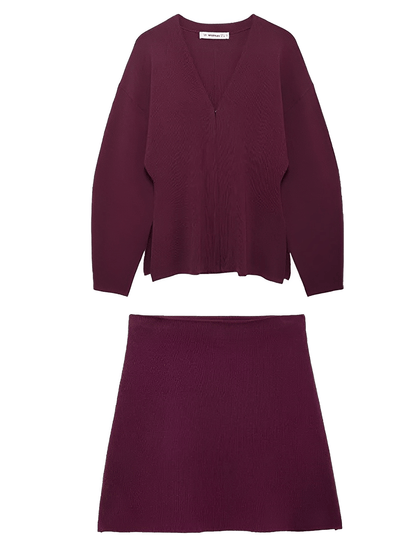 Conjunto Feminino de Tricô com Suéter Gola V e Saia Reta com Cintura Elástica - Viviene