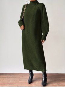 Vestido Suéter Midi em Tricô Canelado com Gola Alta e Mangas Longas -Julieta