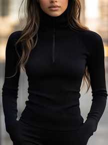 Blusa Canelada de Manga Longa com Gola Alta e Zíper Frontal -  Pétala