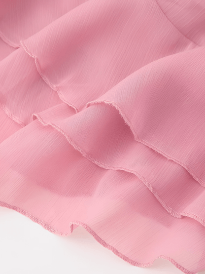 Vestido Feminino Longo em Chiffon com Babados em Camadas Decote em V e Mangas Longas – Amelie