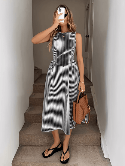 Vestido Feminino Midi Modelagem Evasê com Corset Estruturado com Listras Verticais Elegantes - Elizabeth