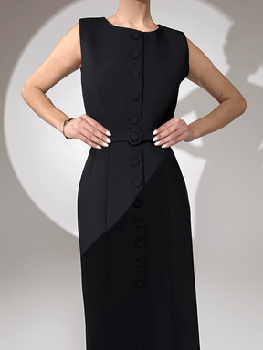 Vestido Midi Sem Mangas com Botões Forrados Cinto e Fenda – Selena