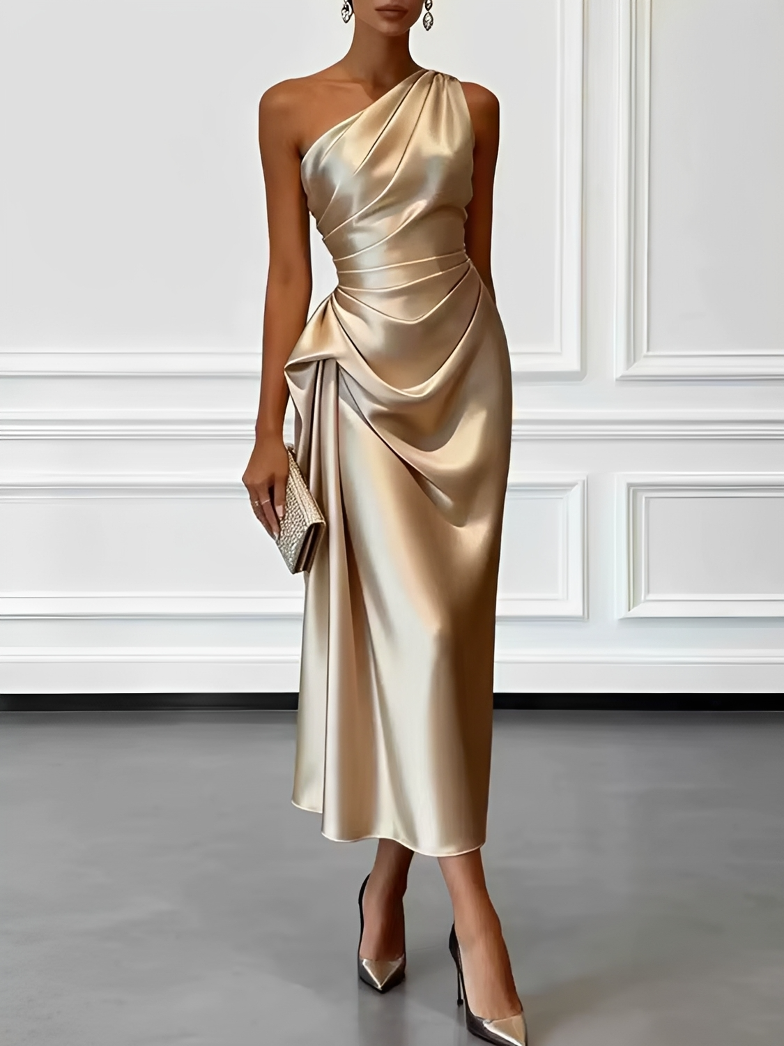Vestido Acetinado com Decote Assimétrico e Drapeado Escultural -  Penelope