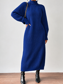 Vestido Suéter Midi em Tricô Canelado com Gola Alta e Mangas Longas -Julieta