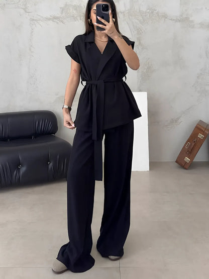 Conjunto Feminino Alfaiataria com Blusa com Amarração na Cintura e Calça Pantalona - Dominique