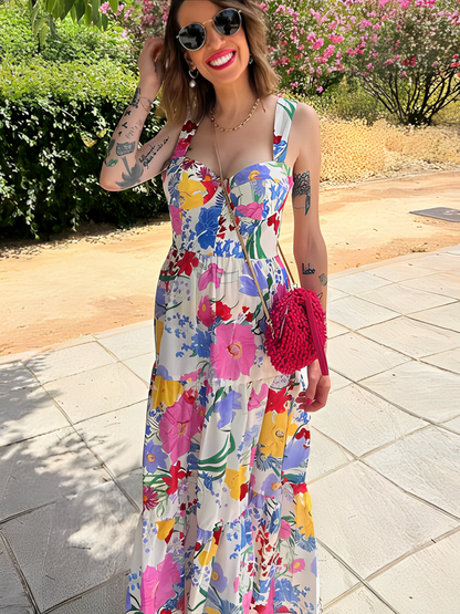 Vestido Feminino Longo Estampado Floral com Alças Finas e Decote Coração - Antonella