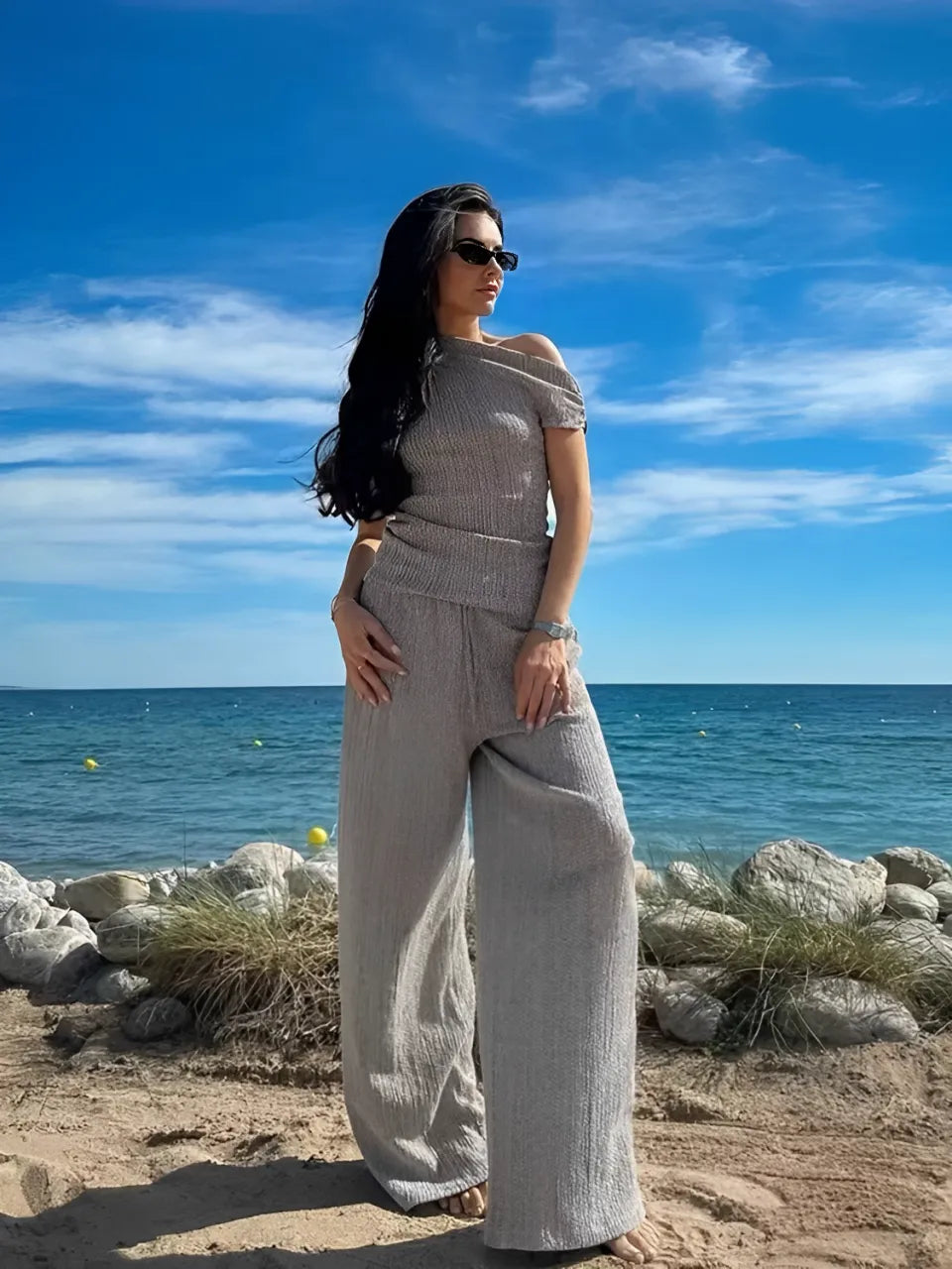 Conjunto Feminino Texturizado Blusa Ombro Caído e Calça Pantalona - Wendy