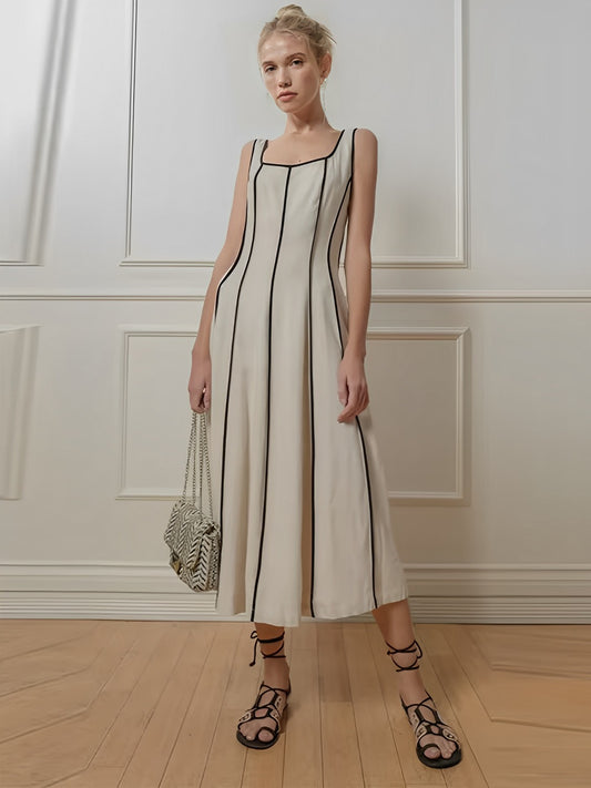 Vestido Feminino Midi com Decote Canoa e Listras em Relevo - Ariadne