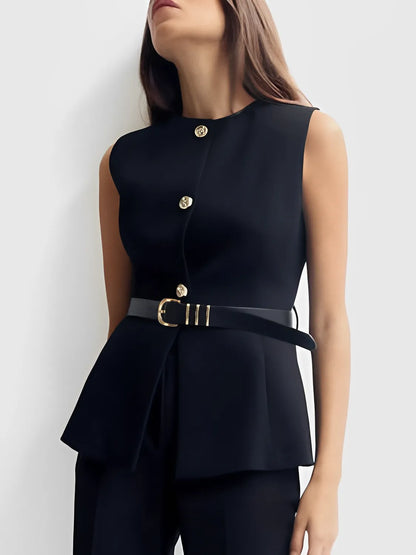 Blusa Feminina Regata Peplum com Botões e Cinto Ajustável - Cora