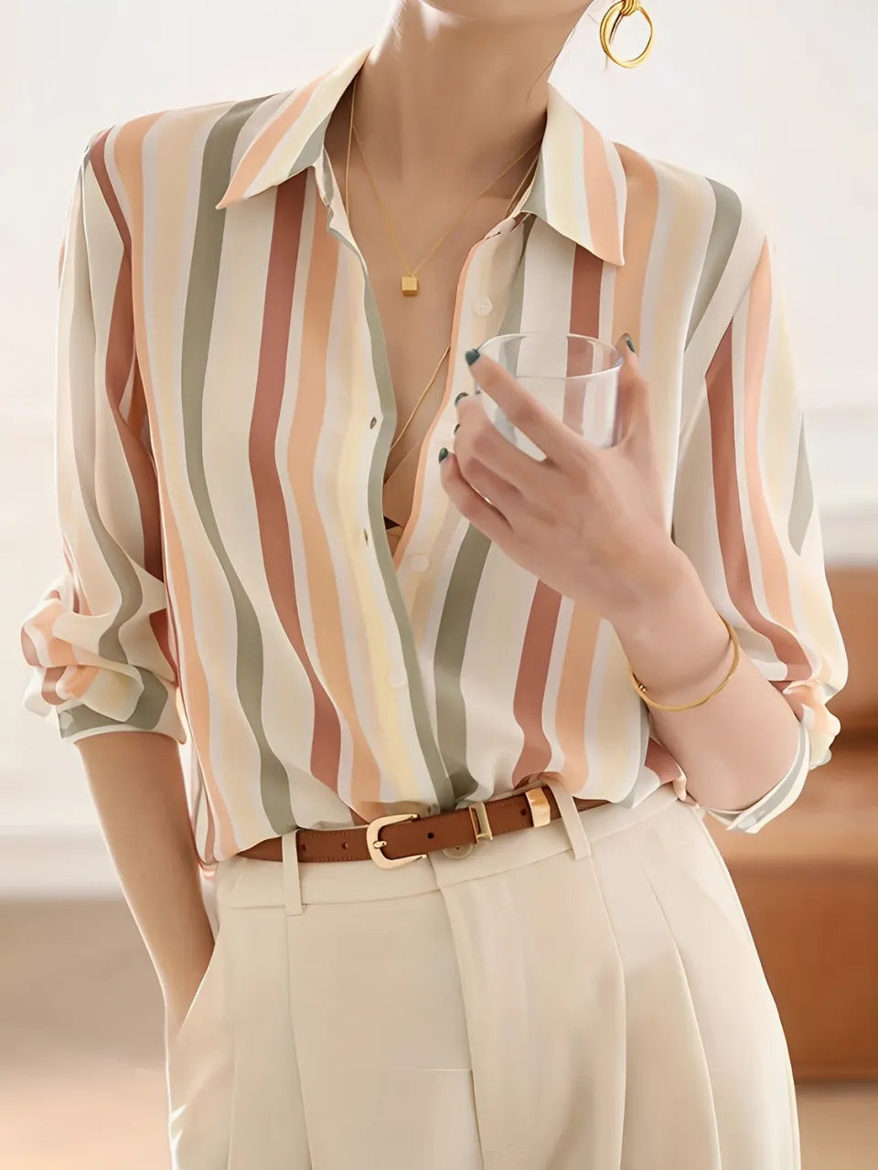 Camisa Social Listrada com Gola Clássica e Botões – Jasmine