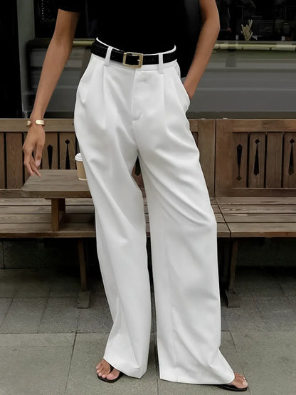 Calça Feminina Pantalona Branca Cintura Alta com Fecho e Zíper - Zoe